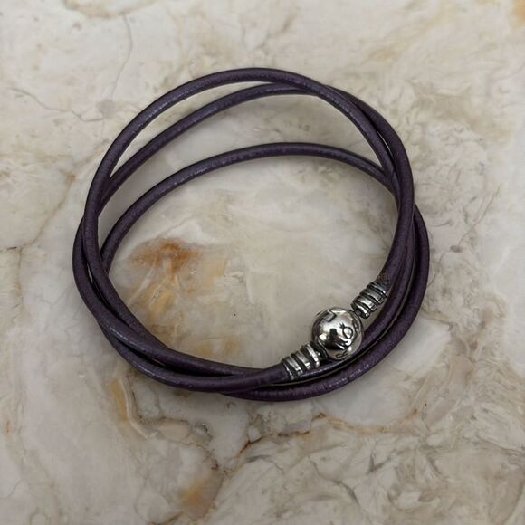 Pandora Smooth Triple Wrap Purple Leather & Sterling Silver Bracelet - 24” Rare - Picture 4 of 8